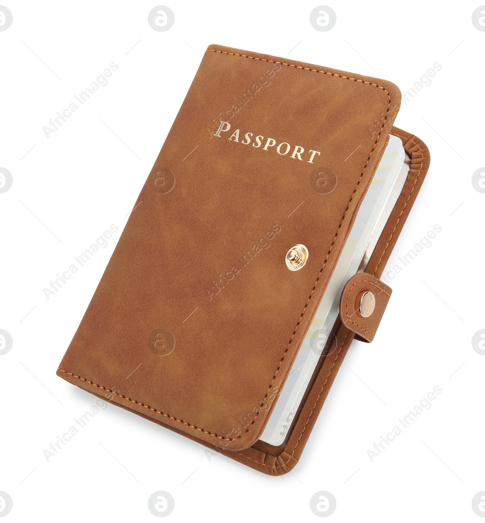 Photo of Passport in brown cover isolated on white, top view