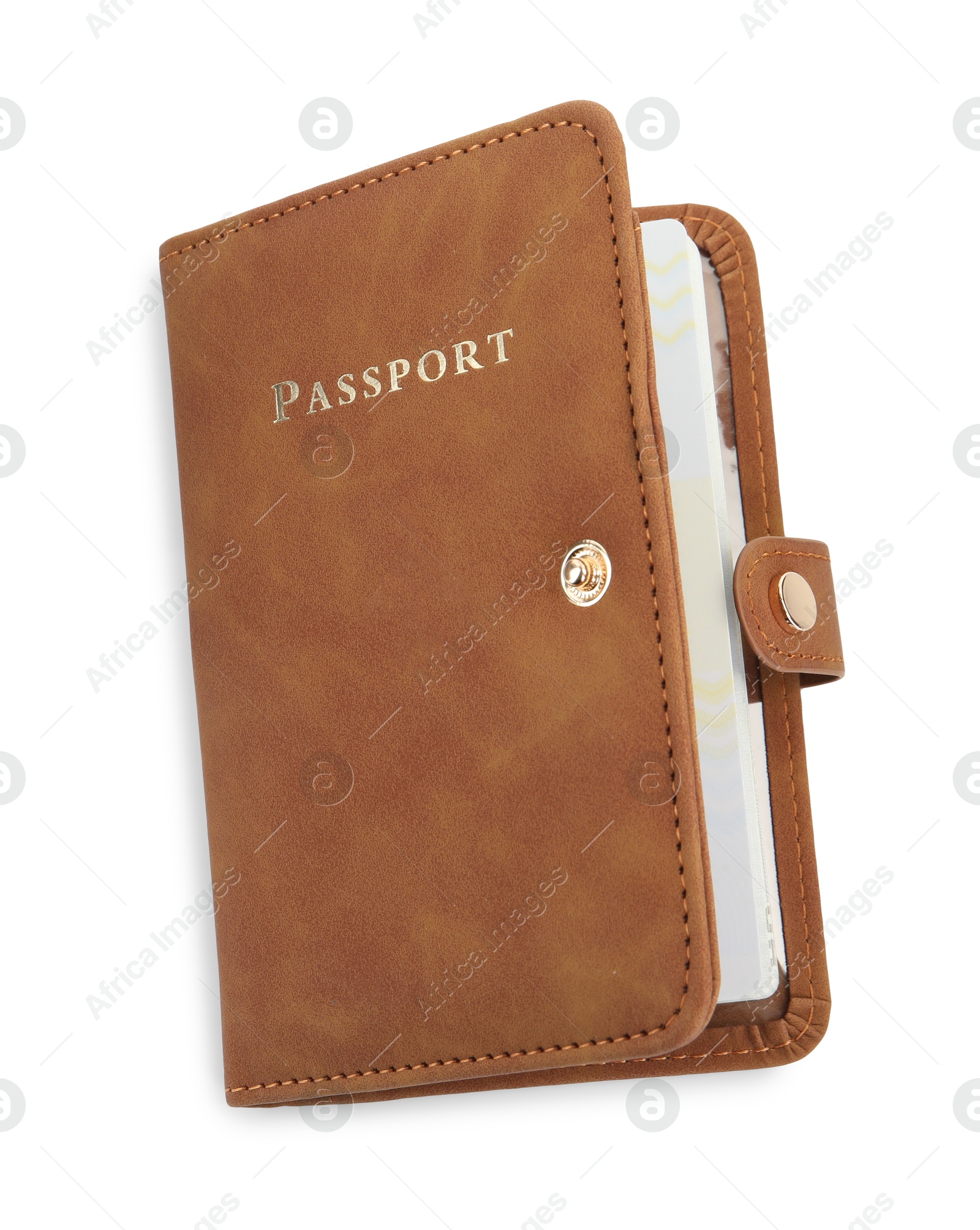 Photo of Passport in brown cover isolated on white, top view