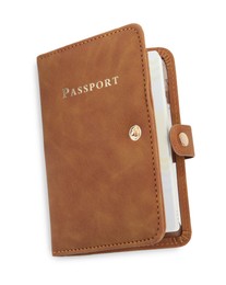 Photo of Passport in brown cover isolated on white, top view