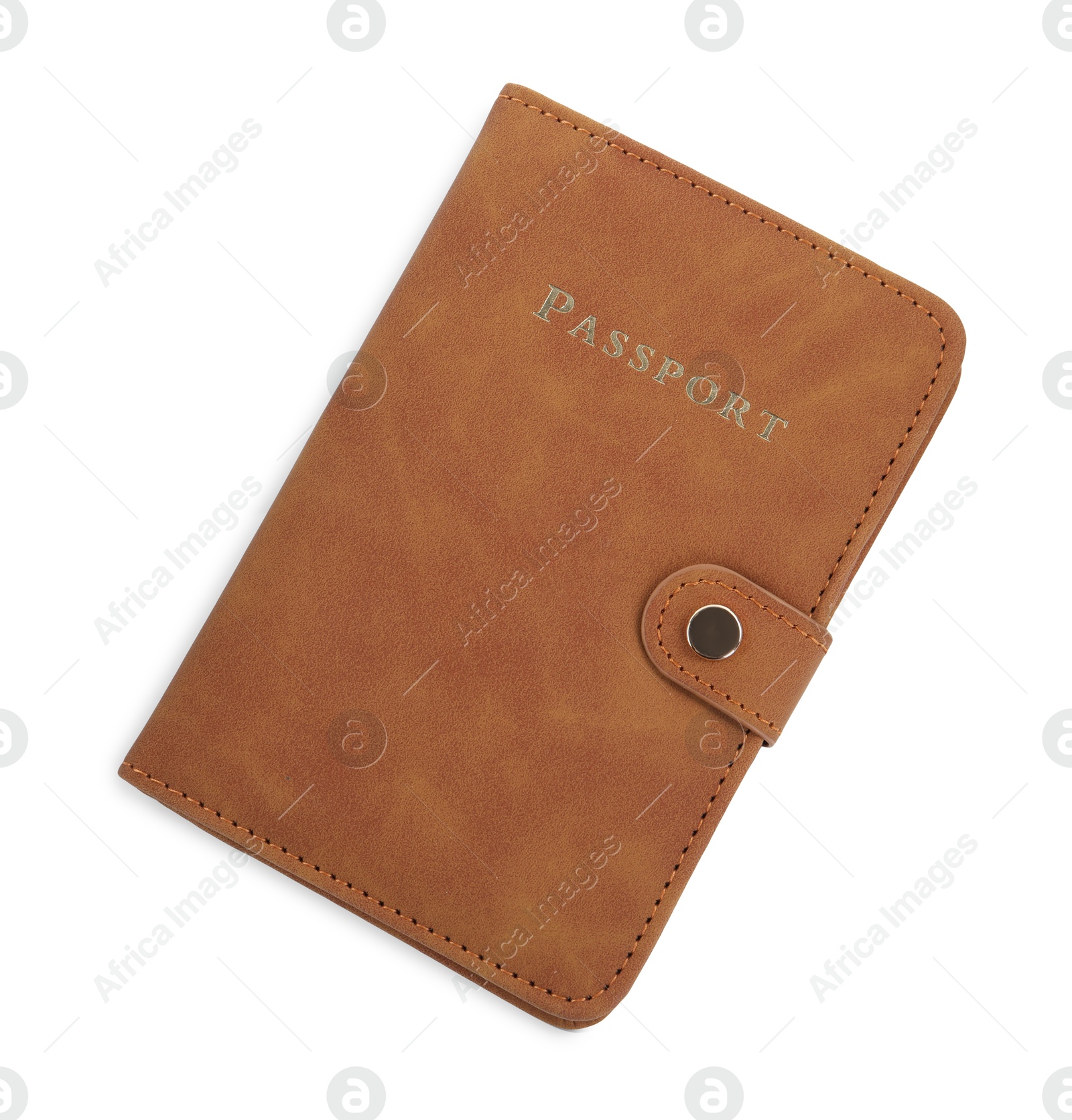 Photo of Passport in brown cover isolated on white, top view