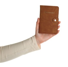 Photo of Woman holding passport in brown cover on white background, closeup