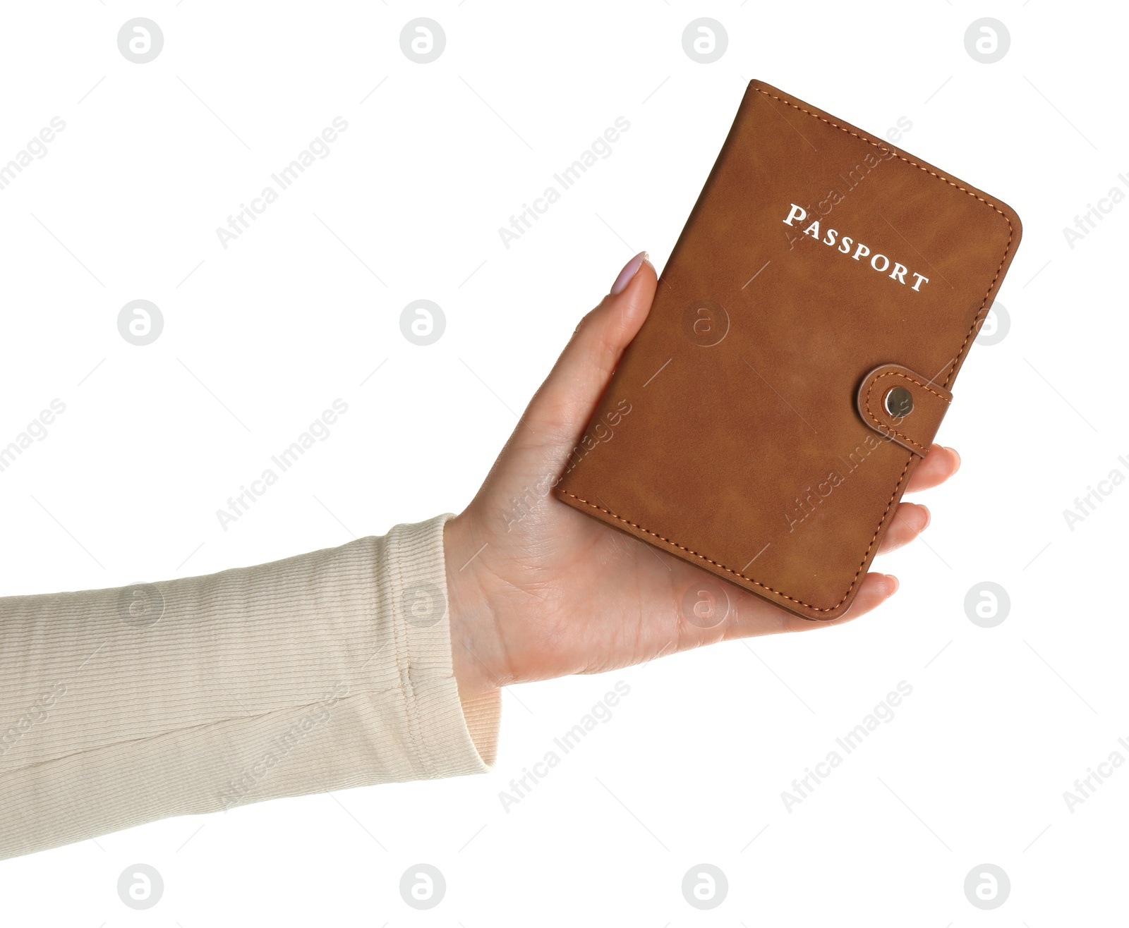 Photo of Woman holding passport in brown cover on white background, closeup