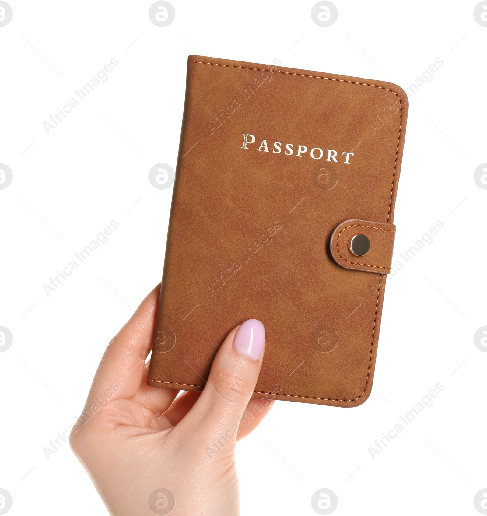 Photo of Woman holding passport in brown cover on white background, closeup