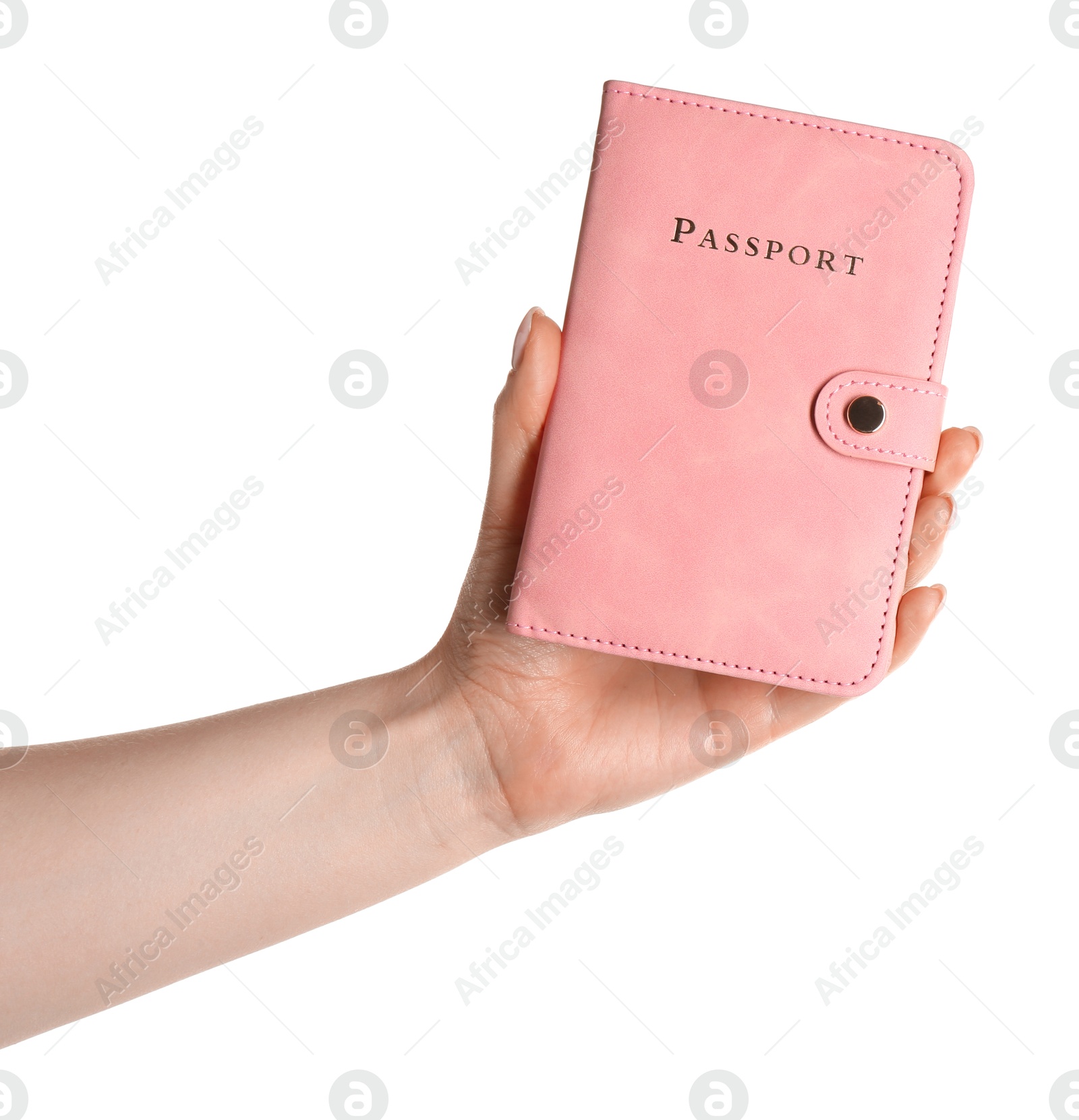 Photo of Woman holding passport in pink cover on white background, closeup