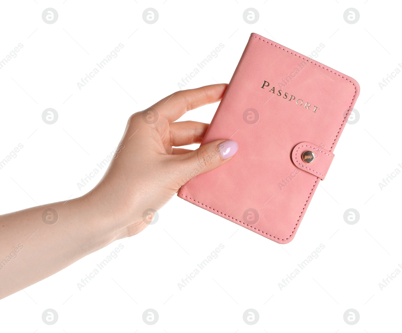 Photo of Woman holding passport in pink cover on white background, closeup