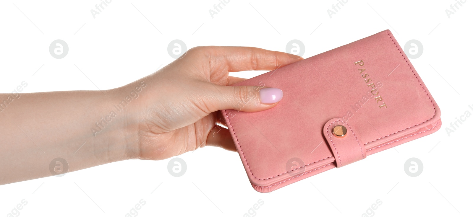 Photo of Woman holding passport in pink cover on white background, closeup