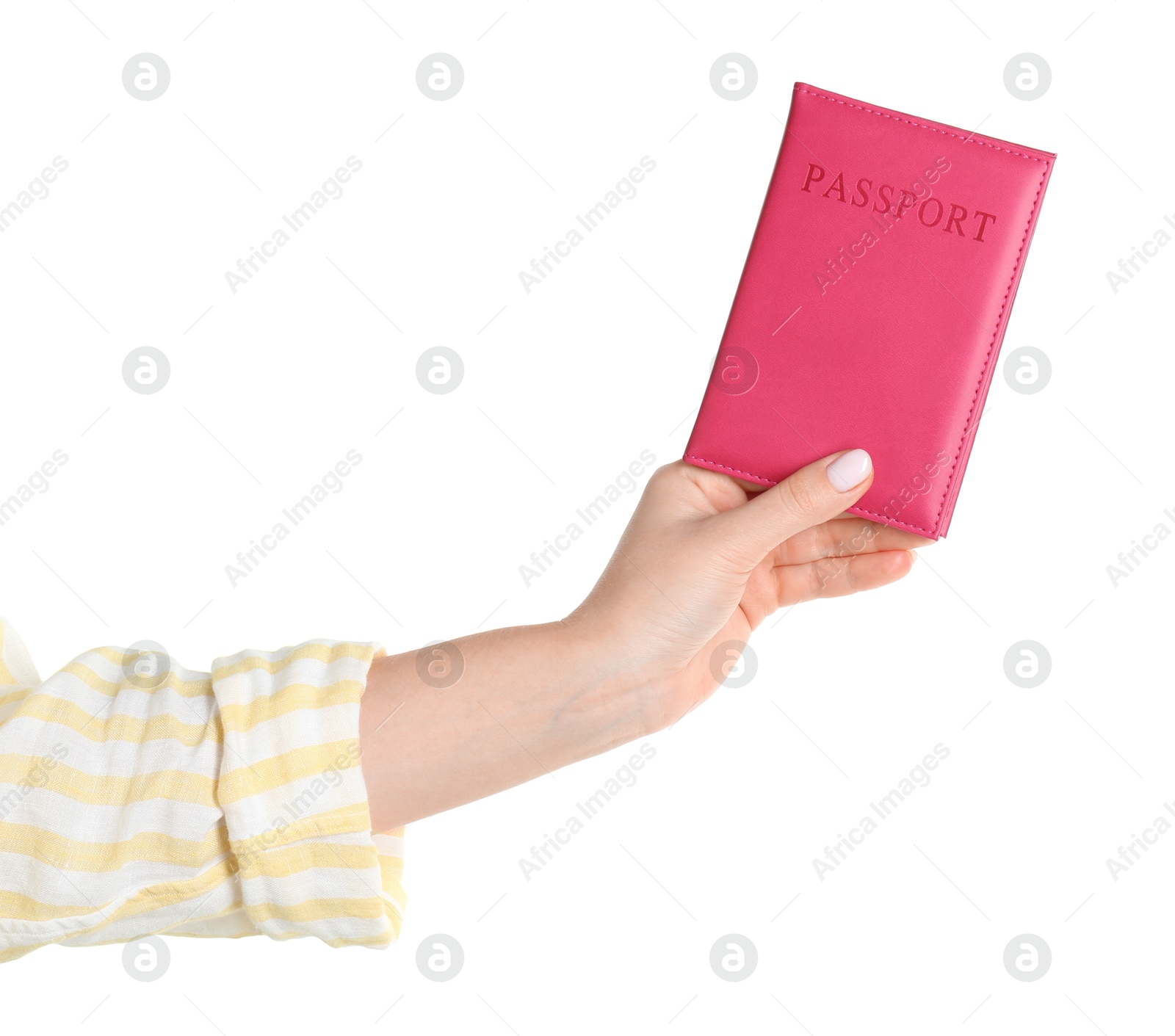 Photo of Woman holding passport in pink cover on white background, closeup