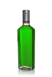 Photo of Absinthe in glass bottle isolated on white