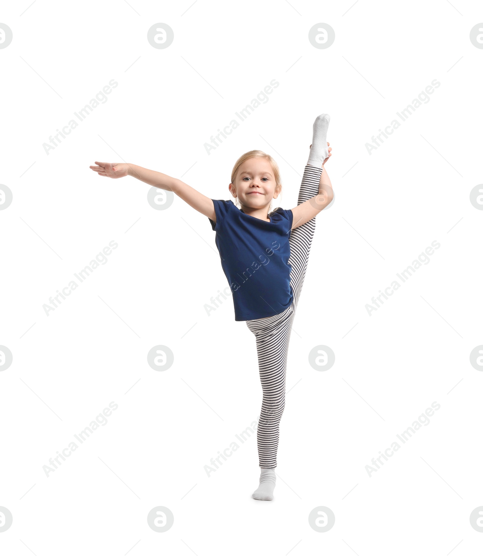 Photo of Little girl exercising on white background. Sport activity