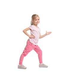 Photo of Little girl exercising on white background. Sport activity