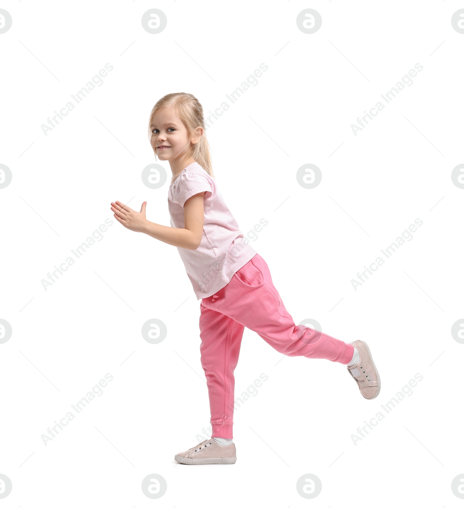 Photo of Little girl exercising on white background. Sport activity