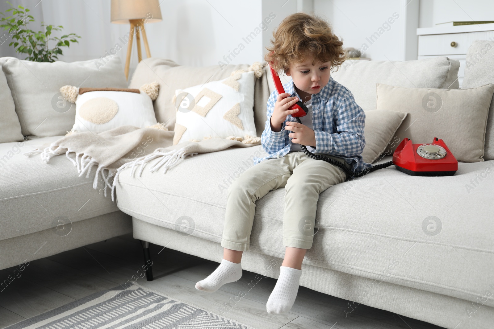 Photo of Cute little boy with telephone on sofa indoors