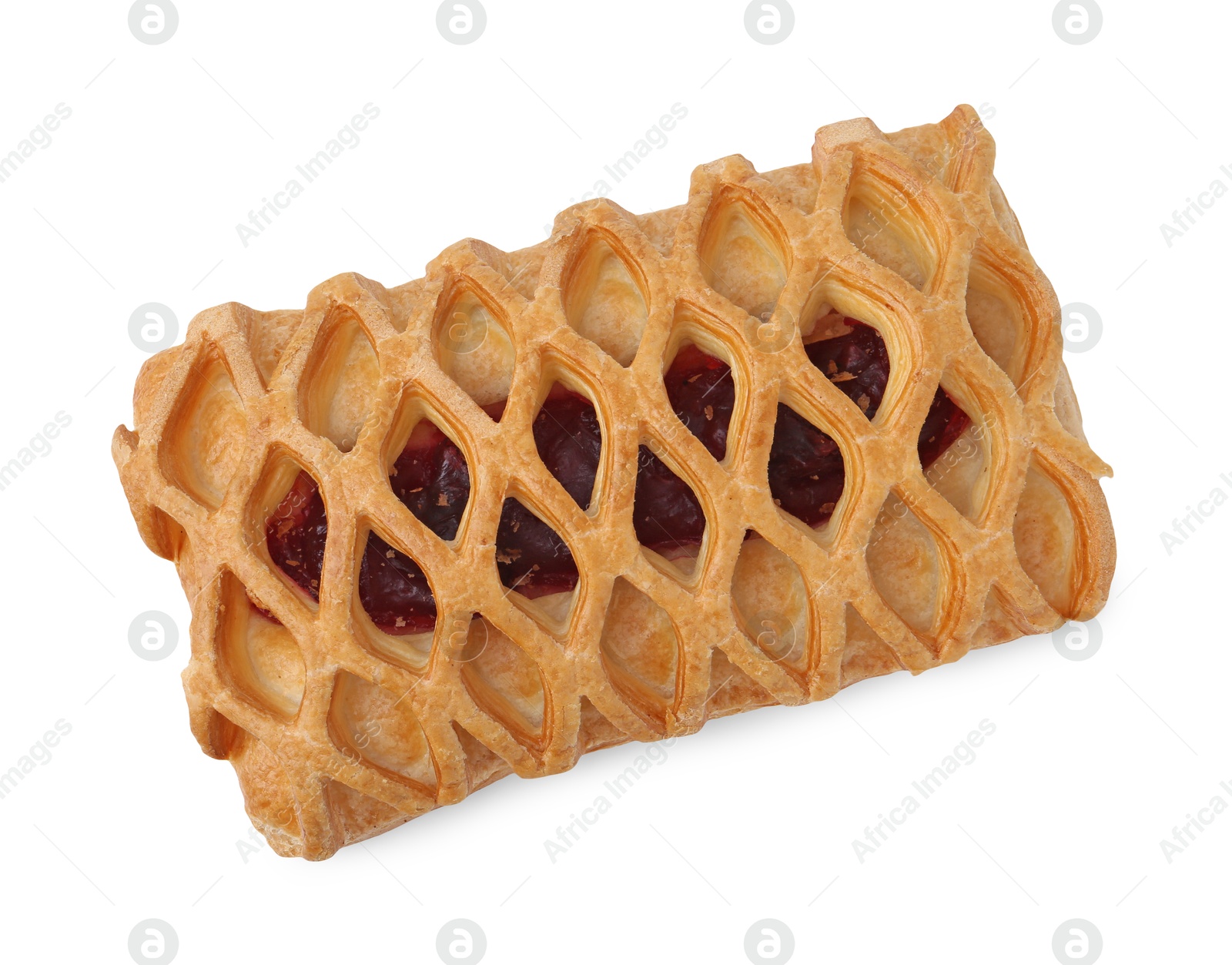 Photo of Delicious mesh puff pastry isolated on white, top view