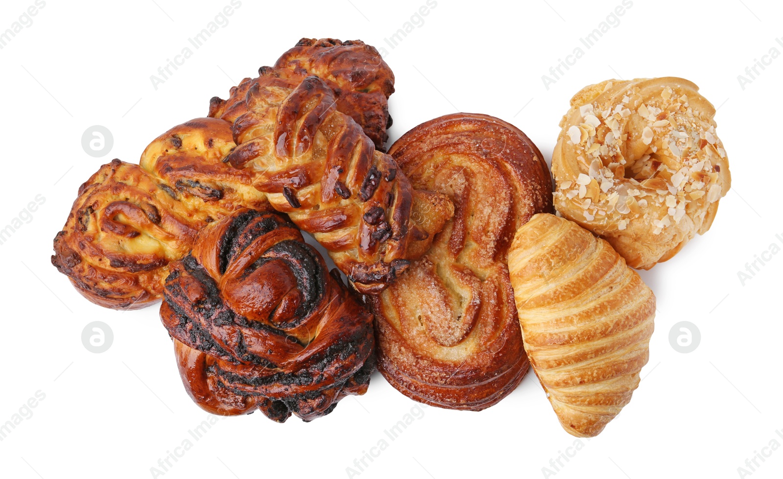 Photo of Different delicious sweet pastries isolated on white, top view