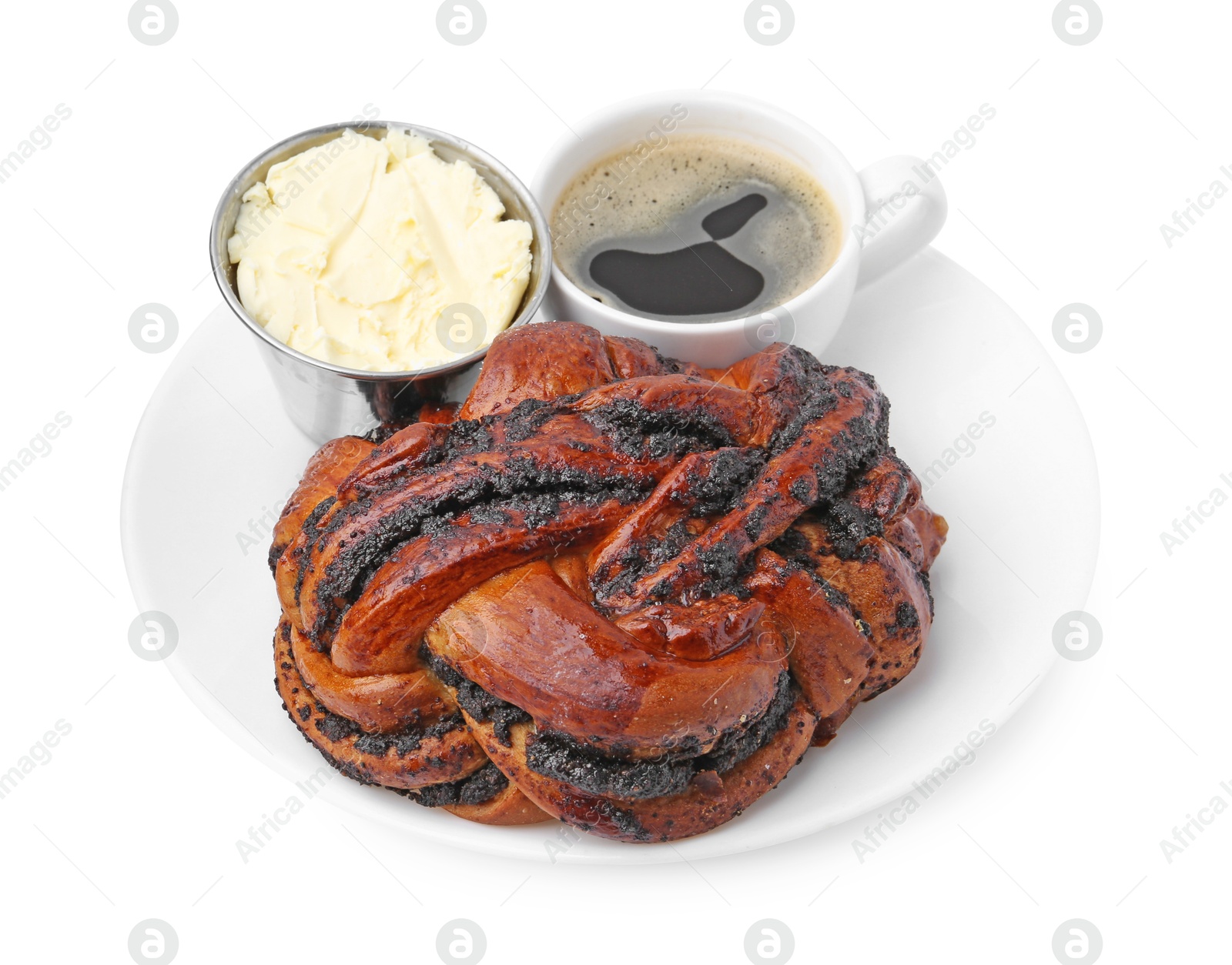 Photo of Delicious poppy seed pastry, butter and coffee isolated on white