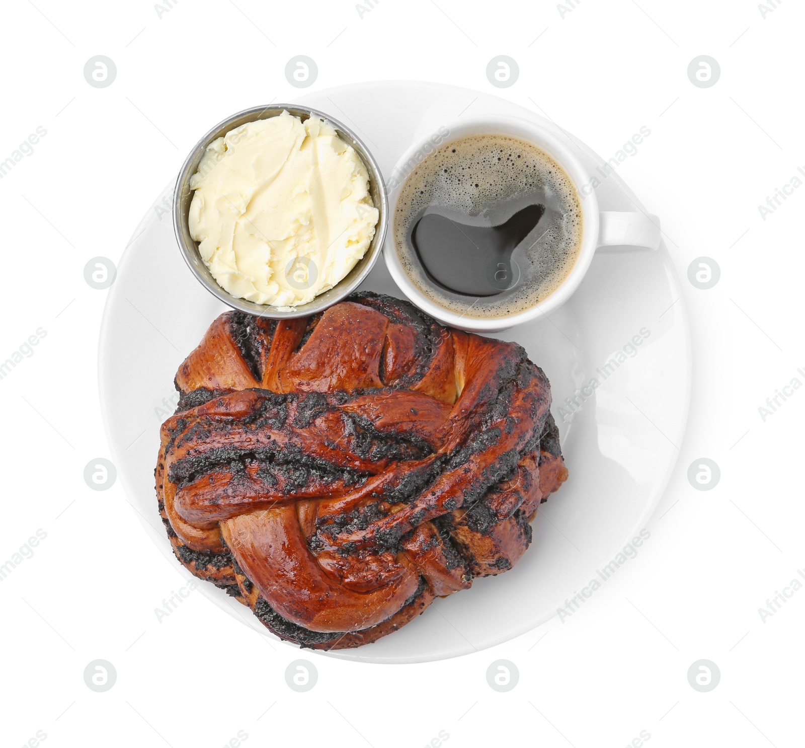 Photo of Delicious poppy seed pastry, butter and coffee isolated on white, top view