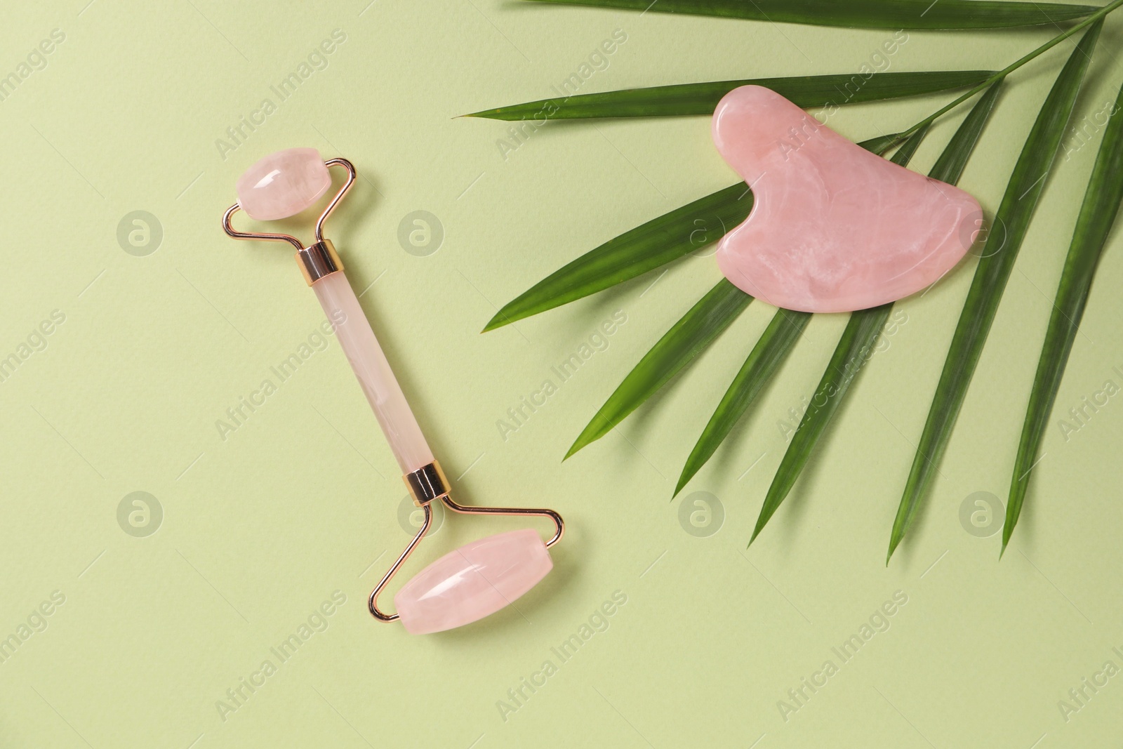 Photo of Face roller, gua sha tool and leaf on light green background, flat lay