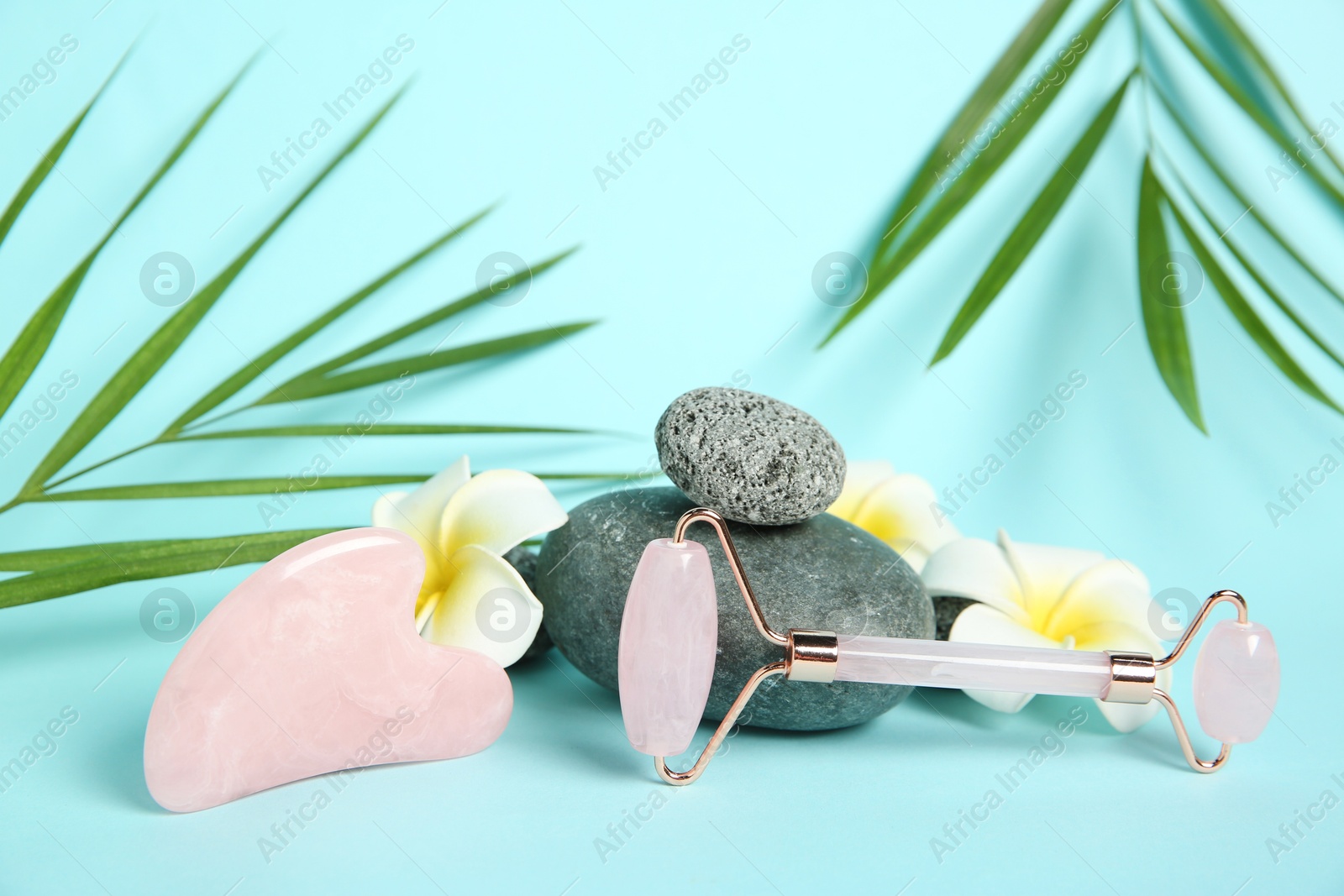 Photo of Face roller, gua sha tool, plumeria flowers and stones on light blue background