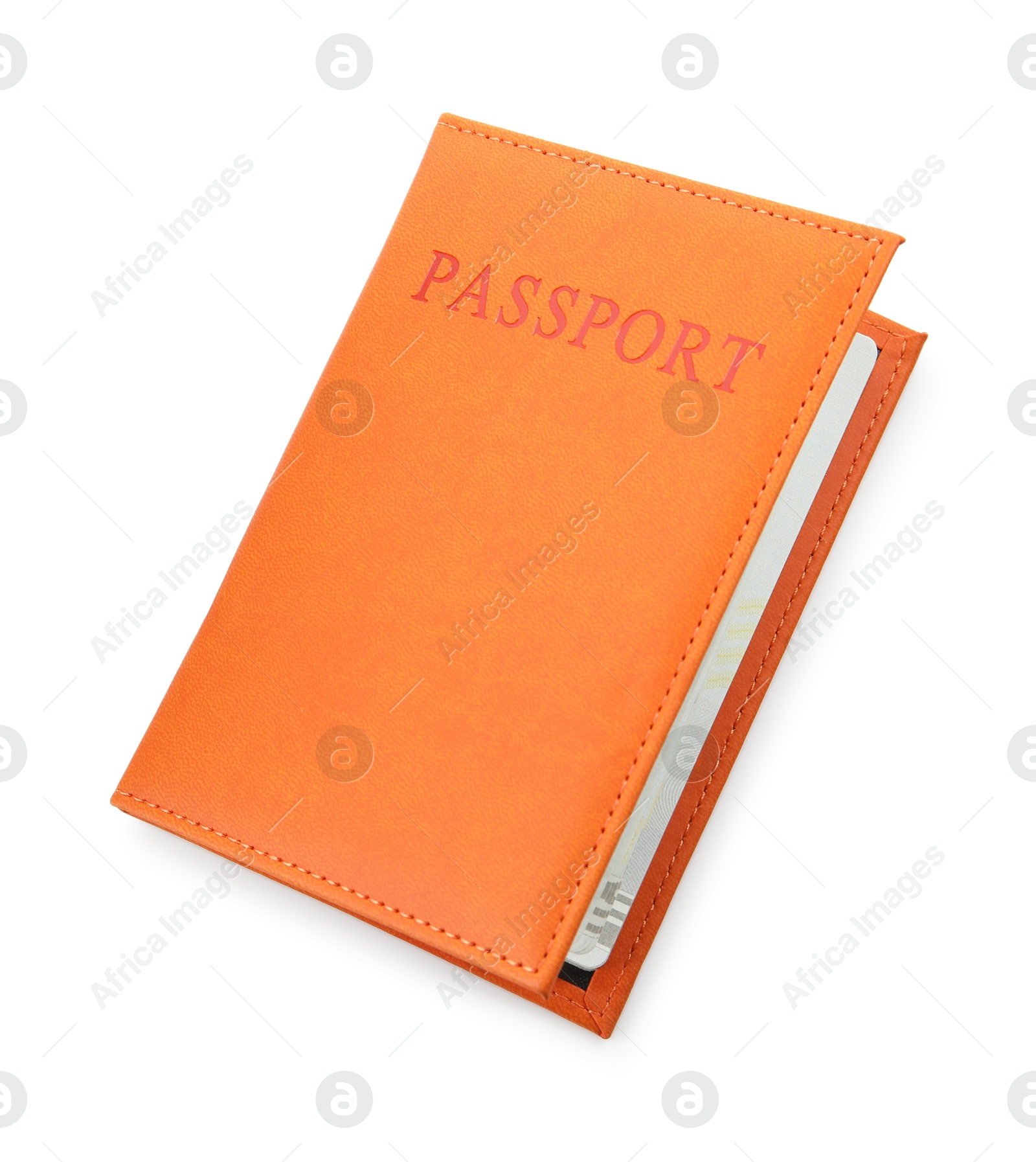 Photo of Passport in orange cover isolated on white, top view