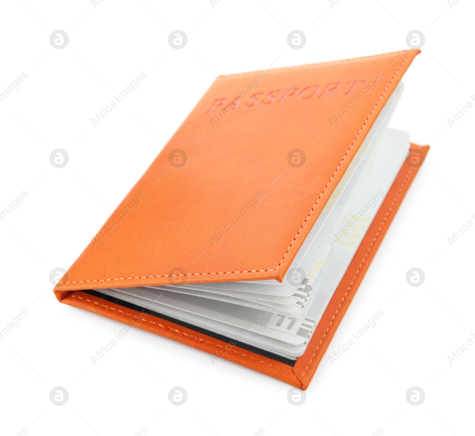 Photo of Passport in orange cover isolated on white