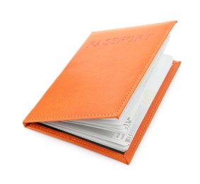 Photo of Passport in orange cover isolated on white