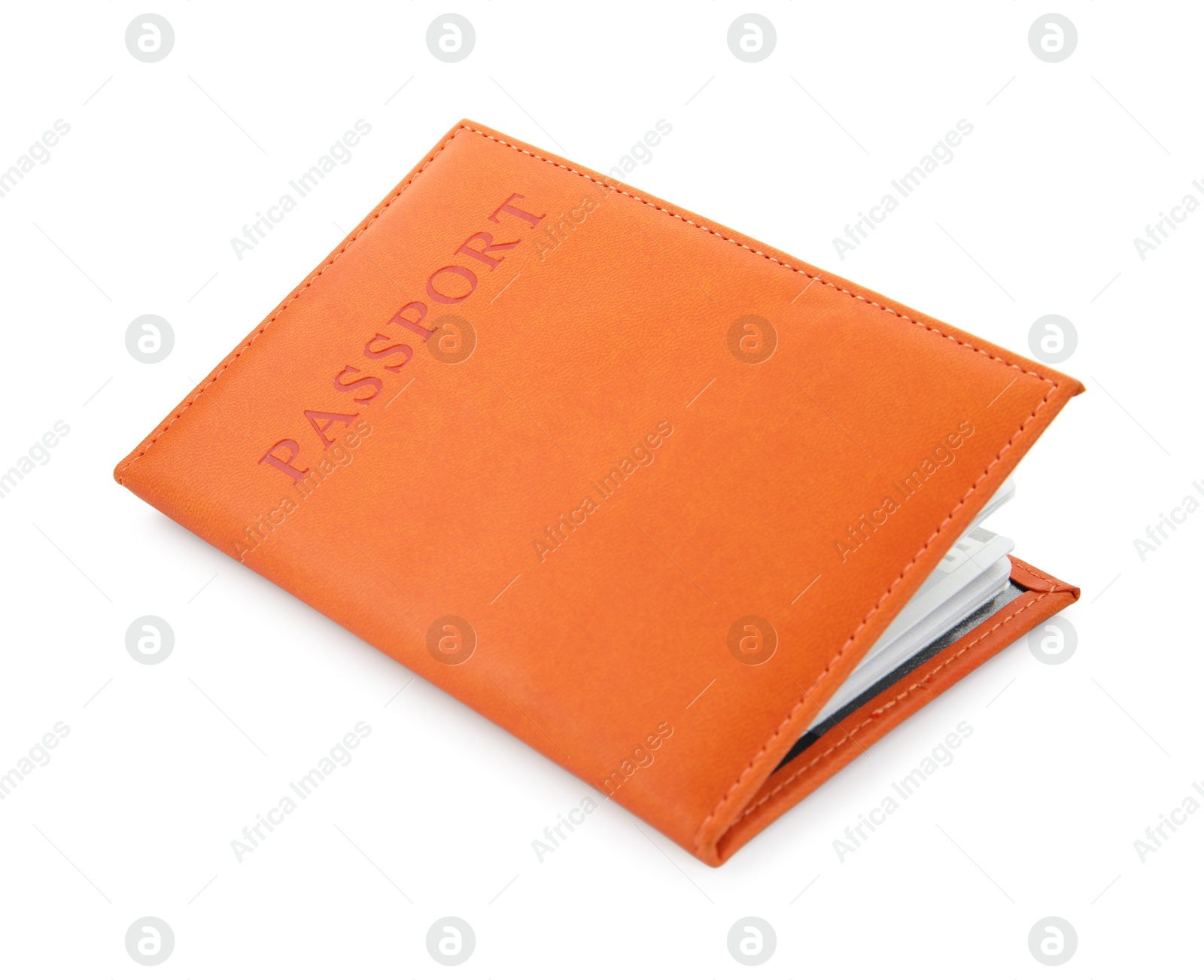 Photo of Passport in orange cover isolated on white