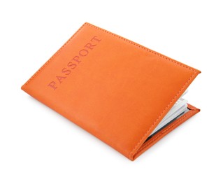 Photo of Passport in orange cover isolated on white