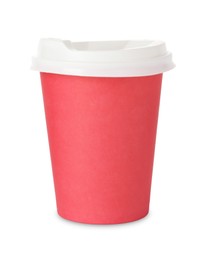 Photo of Paper cup with lid on white background. Mockup for design