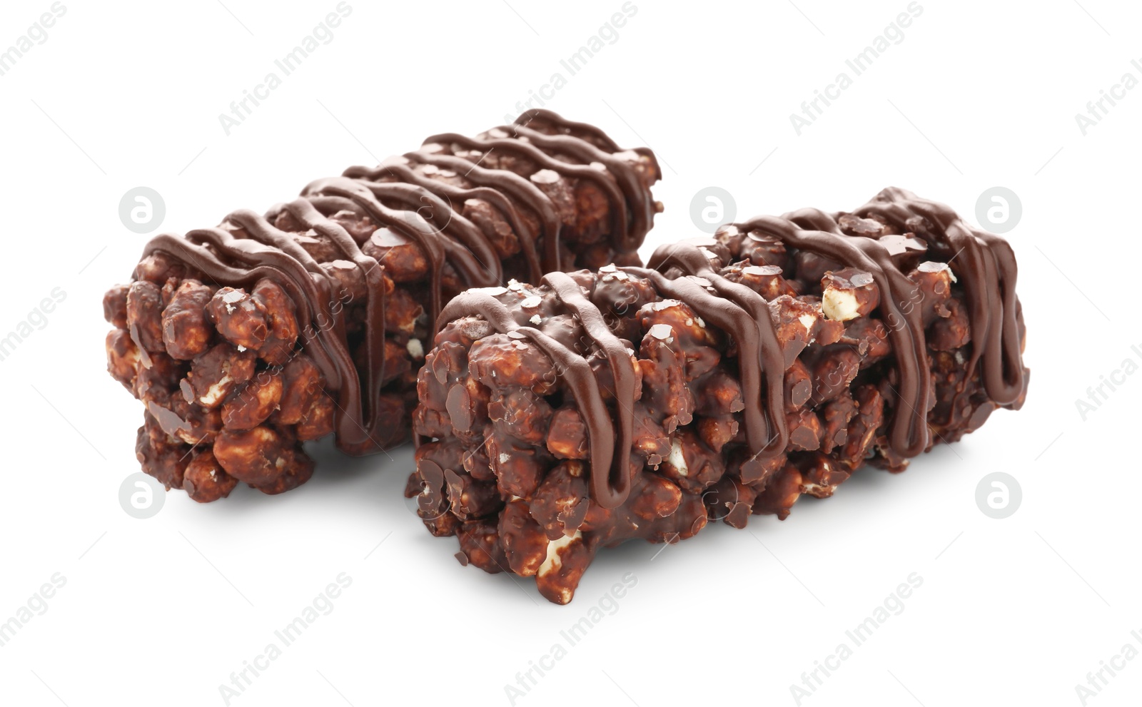 Photo of Delicious chocolate puffed rice bars isolated on white