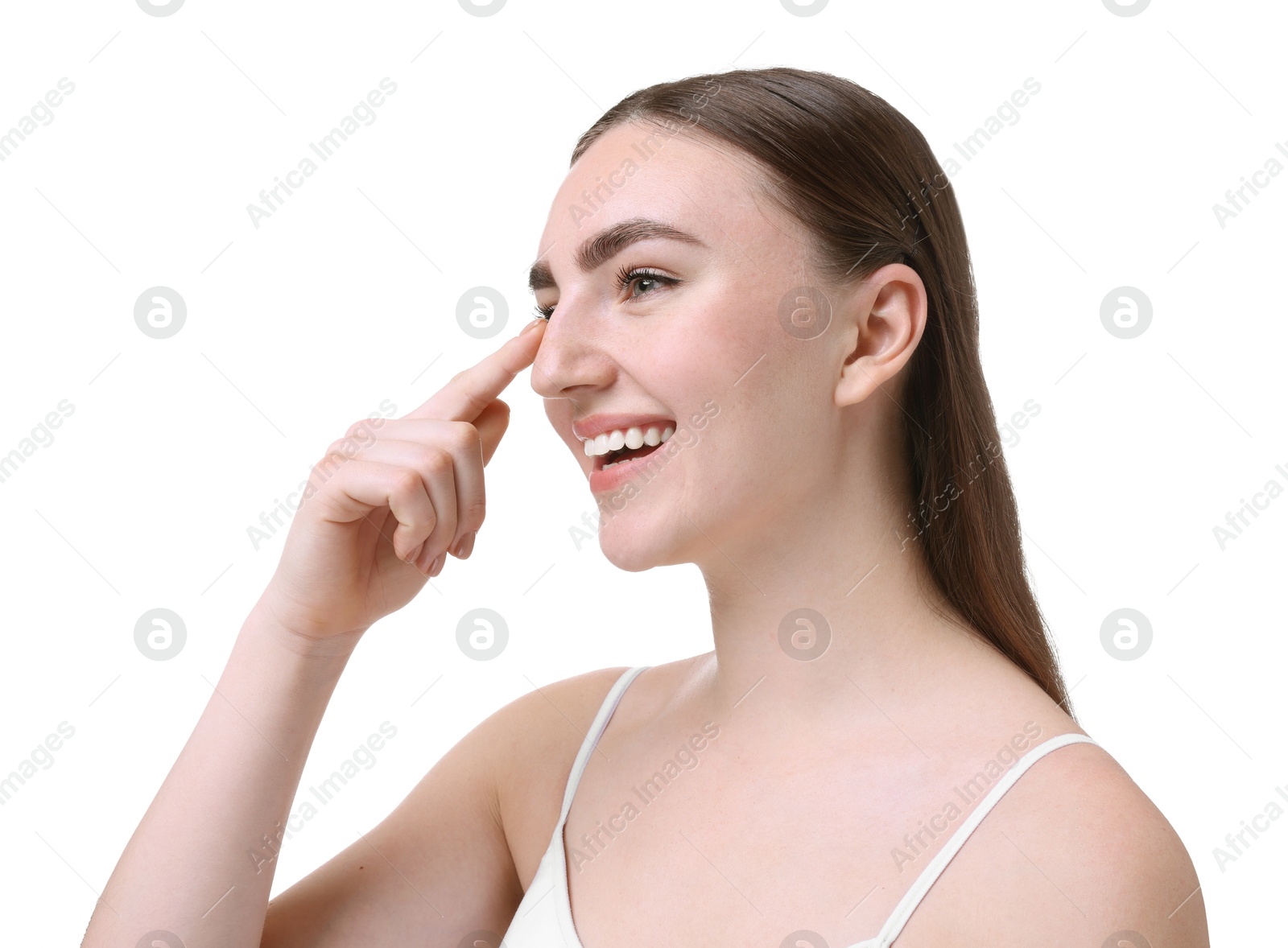 Photo of Woman touching her nose on white background