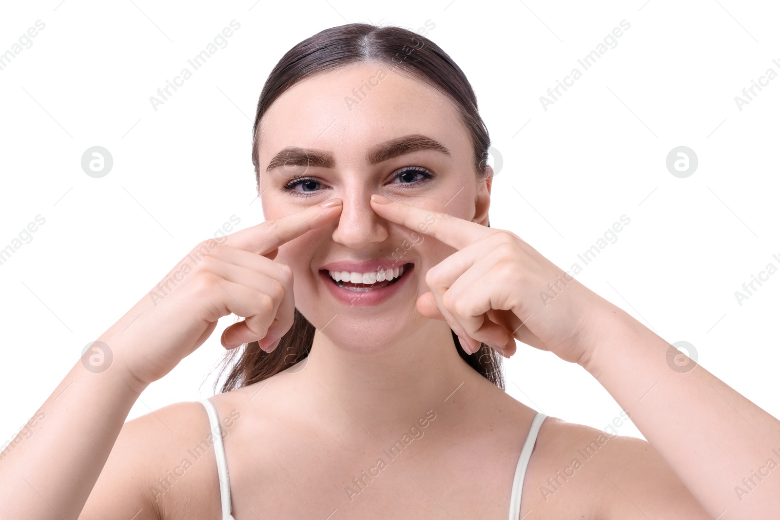 Photo of Woman touching her nose on white background