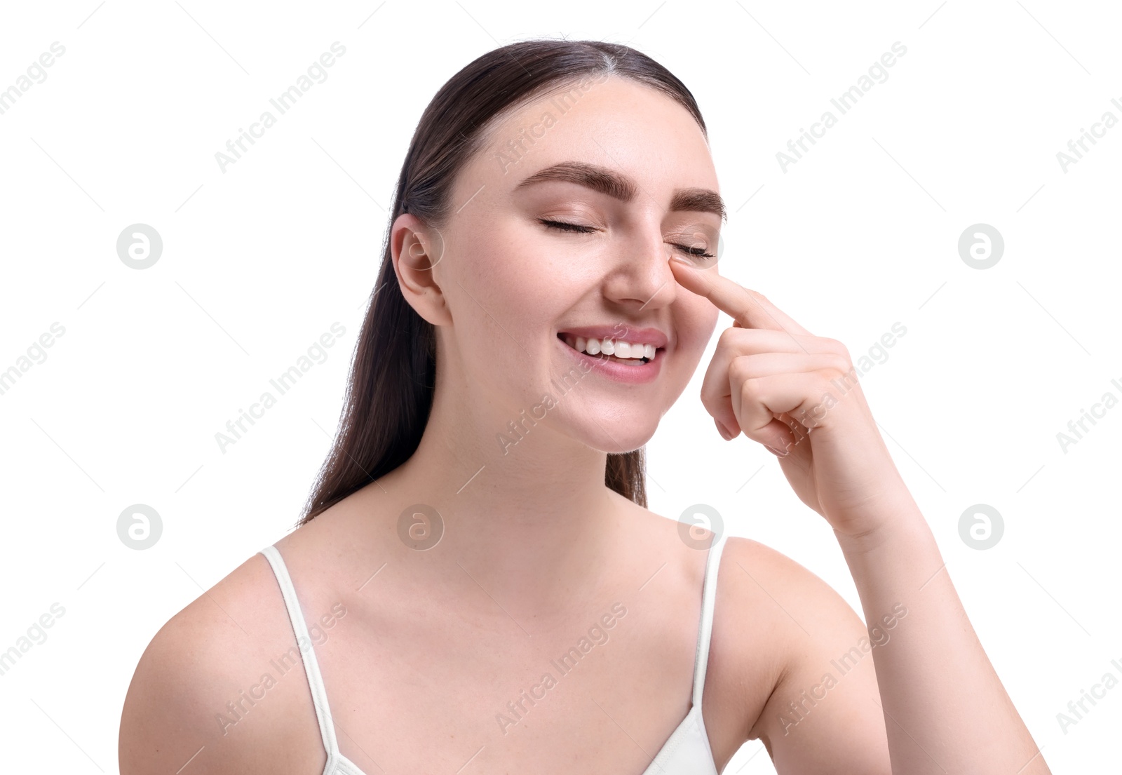 Photo of Woman touching her nose on white background