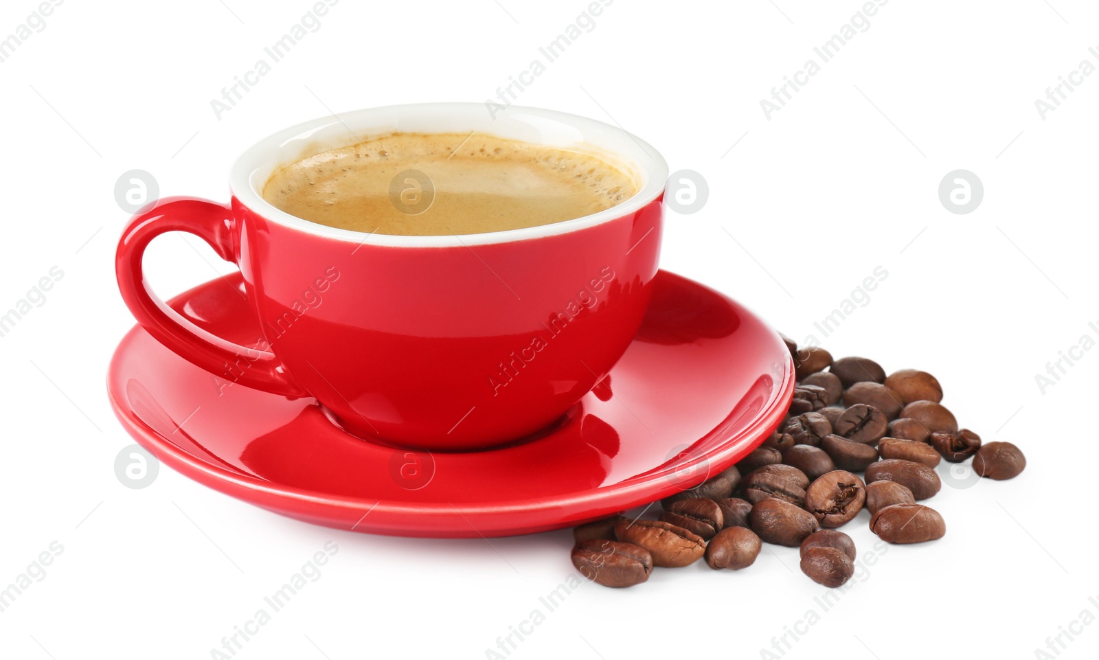 Photo of Red cup of aromatic coffee, saucer and beans isolated on white