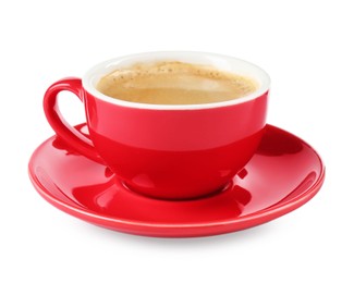 Photo of Red cup of aromatic coffee and saucer isolated on white