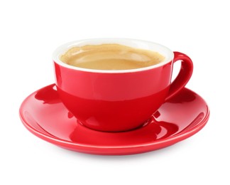 Photo of Red cup of aromatic coffee and saucer isolated on white