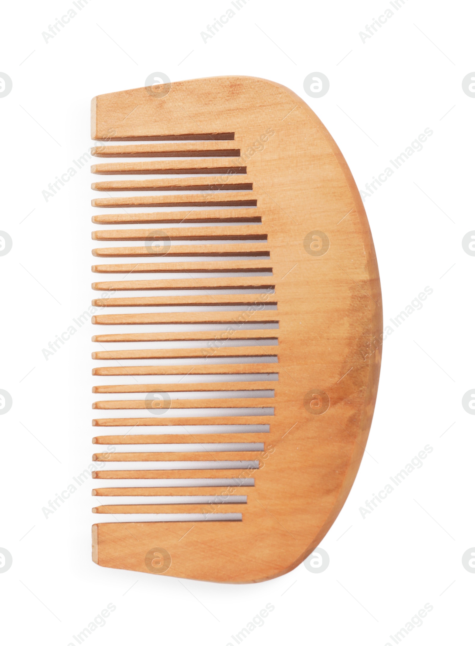 Photo of New wooden hair comb isolated on white, top view