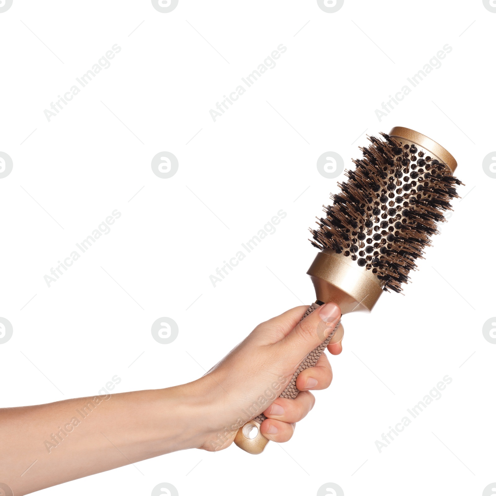 Photo of Woman with round golden hair brush on white background, closeup