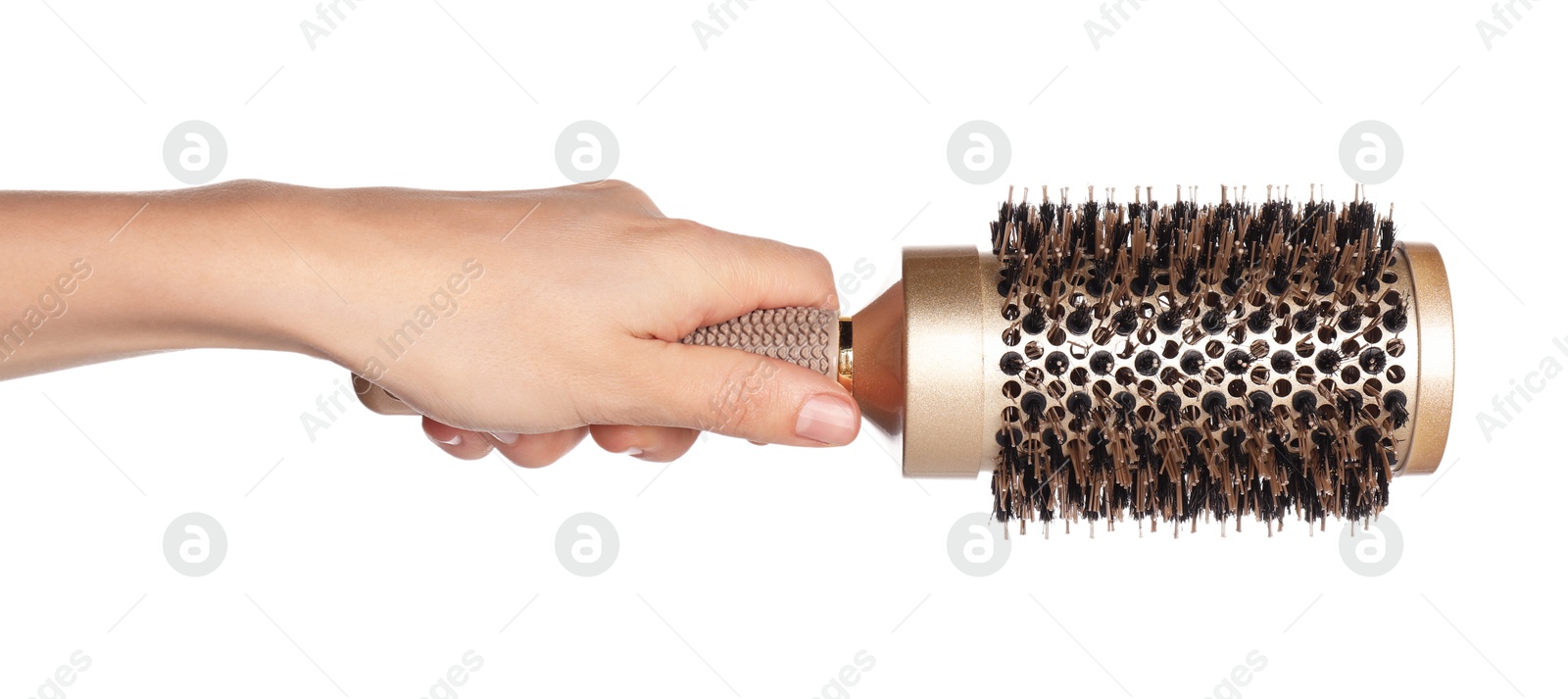 Photo of Woman with round golden hair brush on white background, closeup