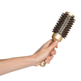 Photo of Woman with round golden hair brush on white background, closeup