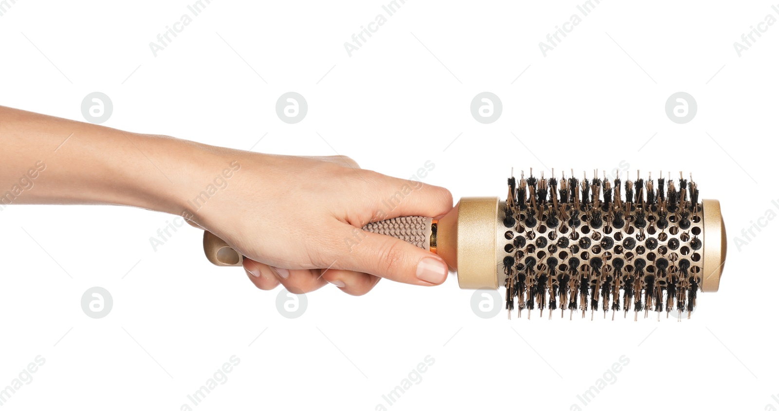 Photo of Woman with round golden hair brush on white background, closeup