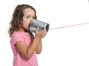 Photo of Girl using tin can telephone on white background