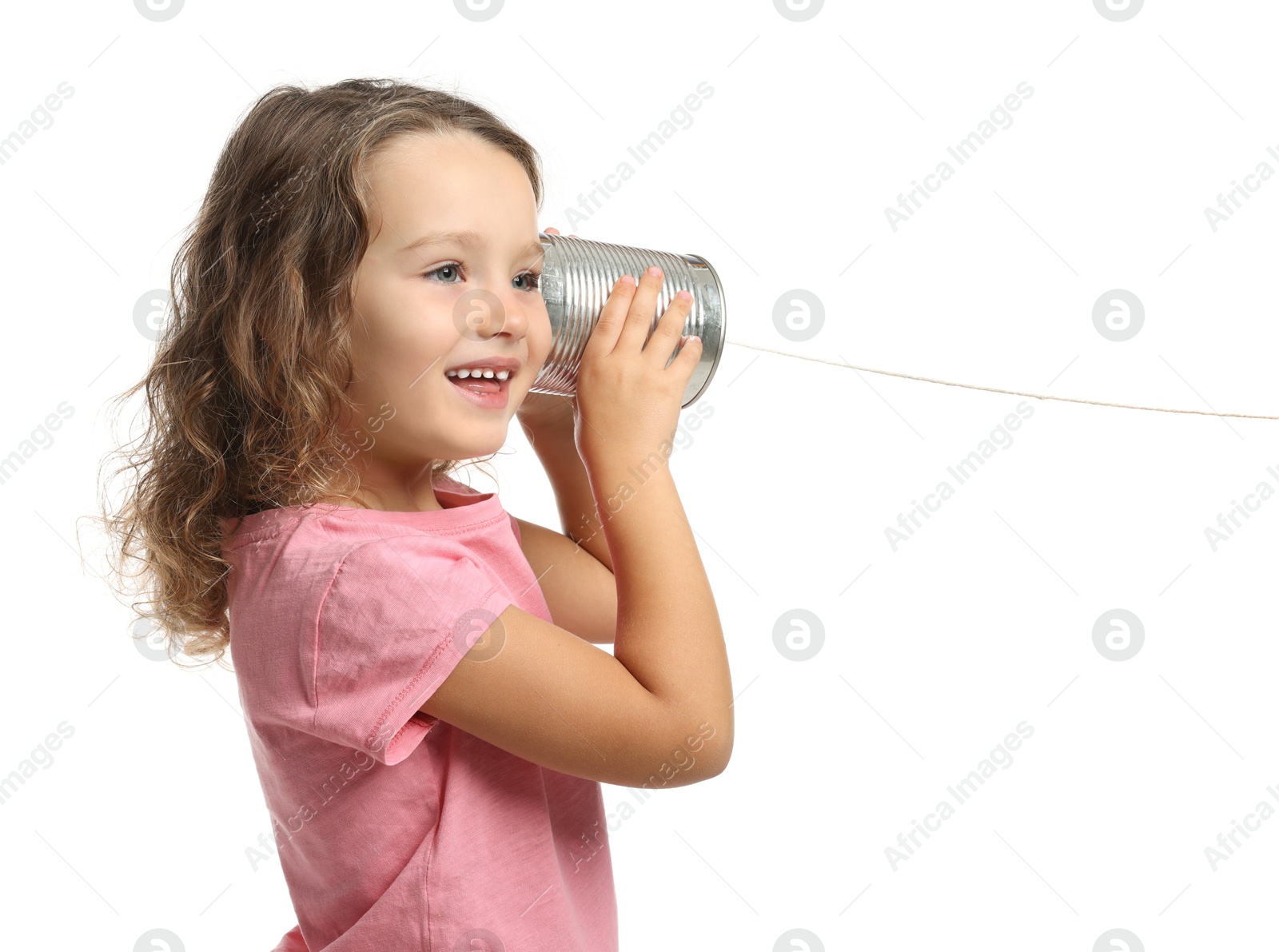 Photo of Girl using tin can telephone on white background