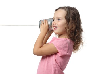 Photo of Girl using tin can telephone on white background