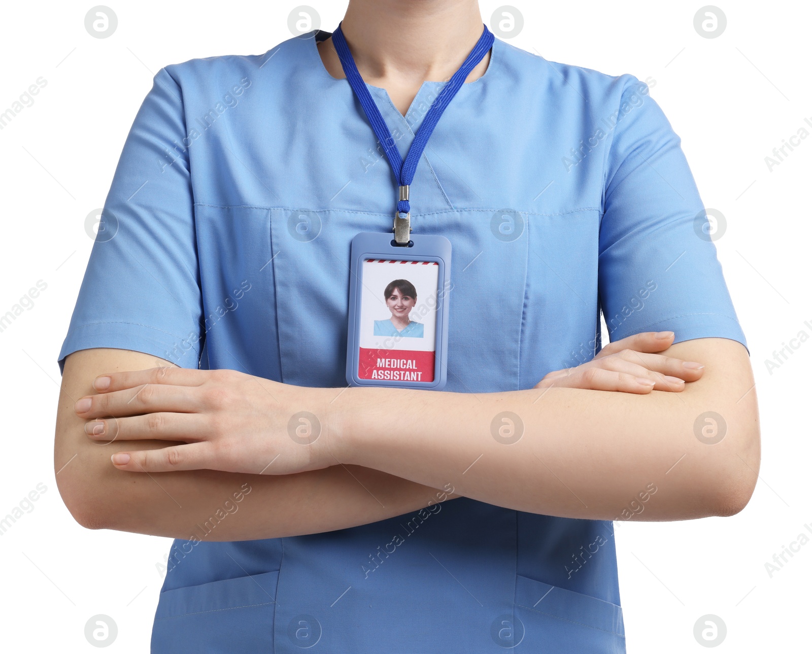 Photo of Medical assistant with badge on white background, closeup