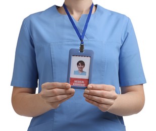 Photo of Medical assistant with badge on white background, closeup