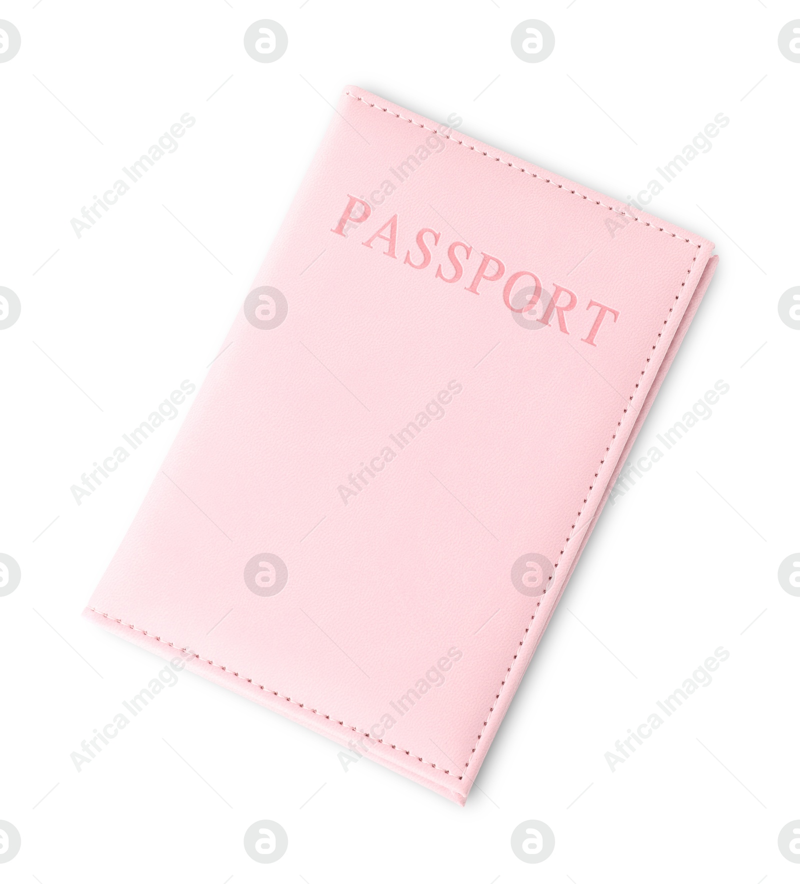 Photo of Passport in pink cover isolated on white, top view