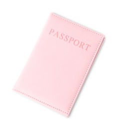 Photo of Passport in pink cover isolated on white, top view