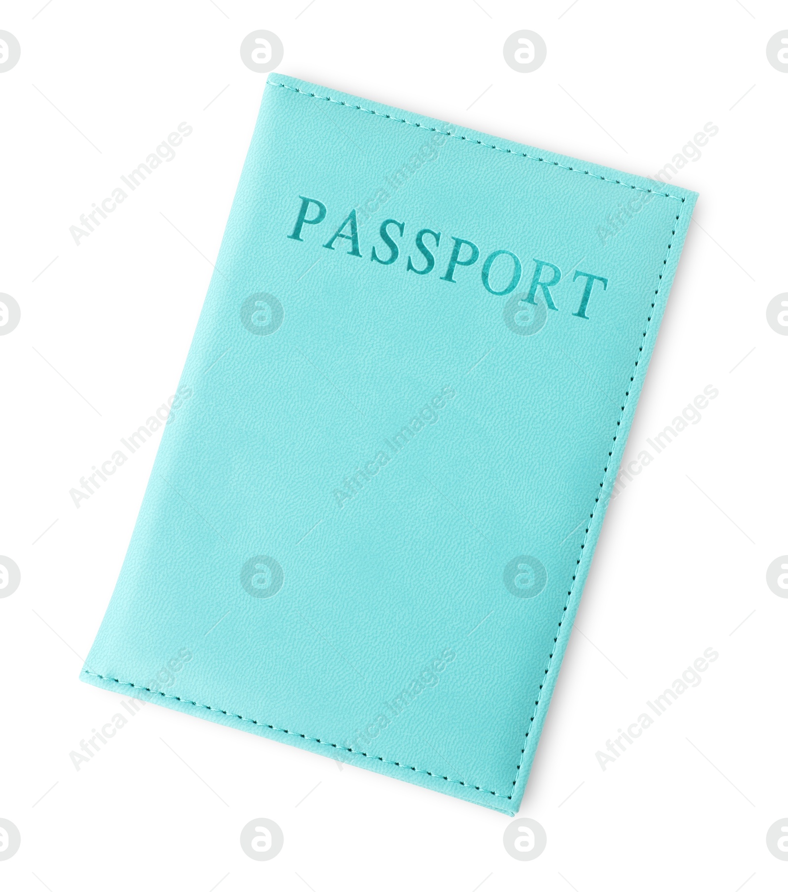 Photo of Passport in light blue cover isolated on white, top view