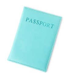 Photo of Passport in light blue cover isolated on white, top view