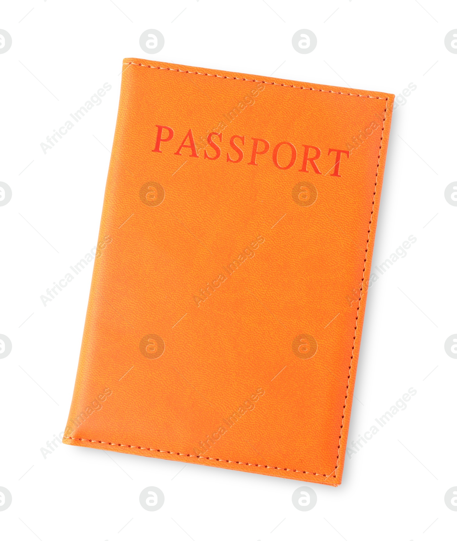 Photo of Passport in orange cover isolated on white, top view